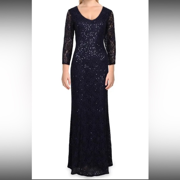 Women’s Formal Dress Size 8 MARINA Navy Sequined Lace Long Sleeves Evening Gown - Picture 2 of 9